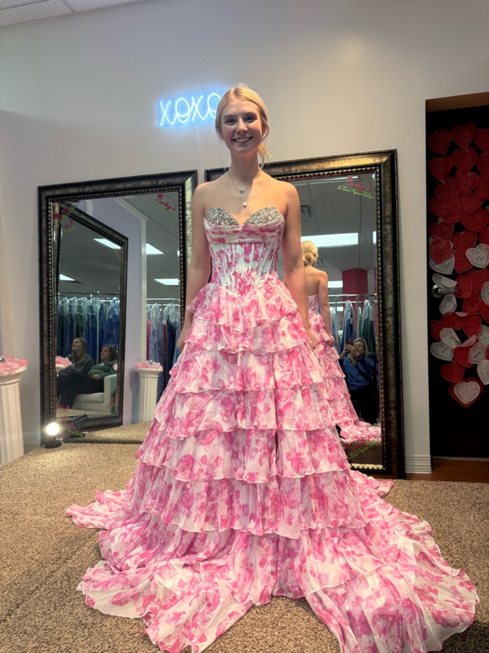 Strapless Pink Floral Ruffled Prom Dress